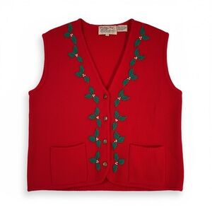 Vintage Tally Ho Red V-Neck Vest  with Holly  Embroidery Large